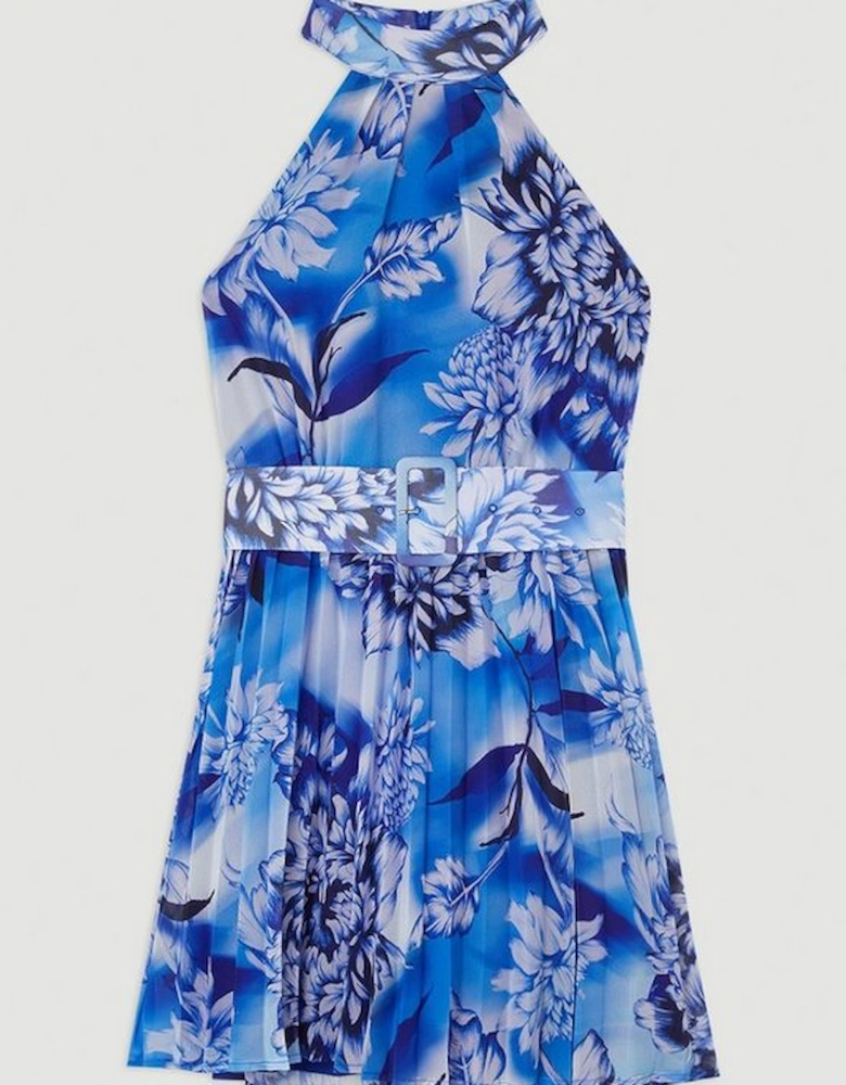 Blue Rose Print Pleated Mini Dress