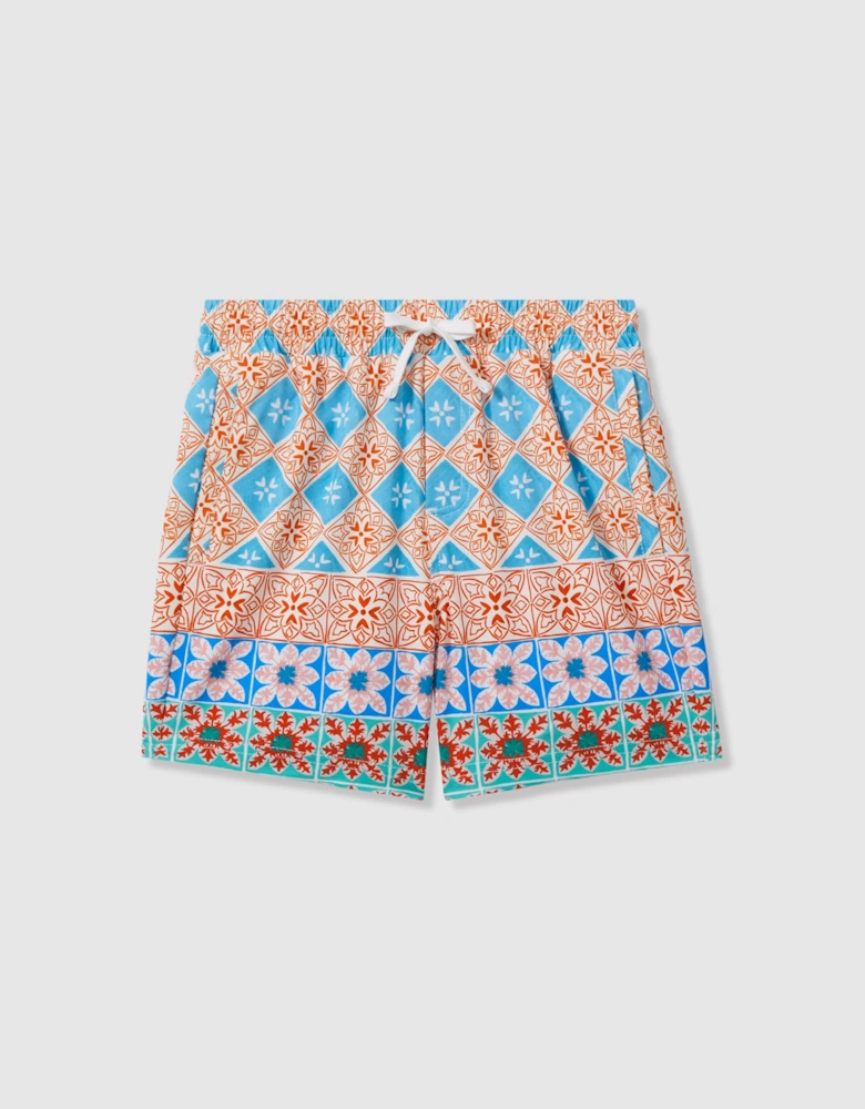Floral Tile Print Drawstring Swim Shorts