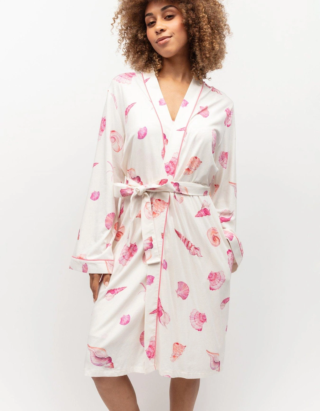 Cream Shell Printed Jersey Short Dressing Gown, 2 of 1