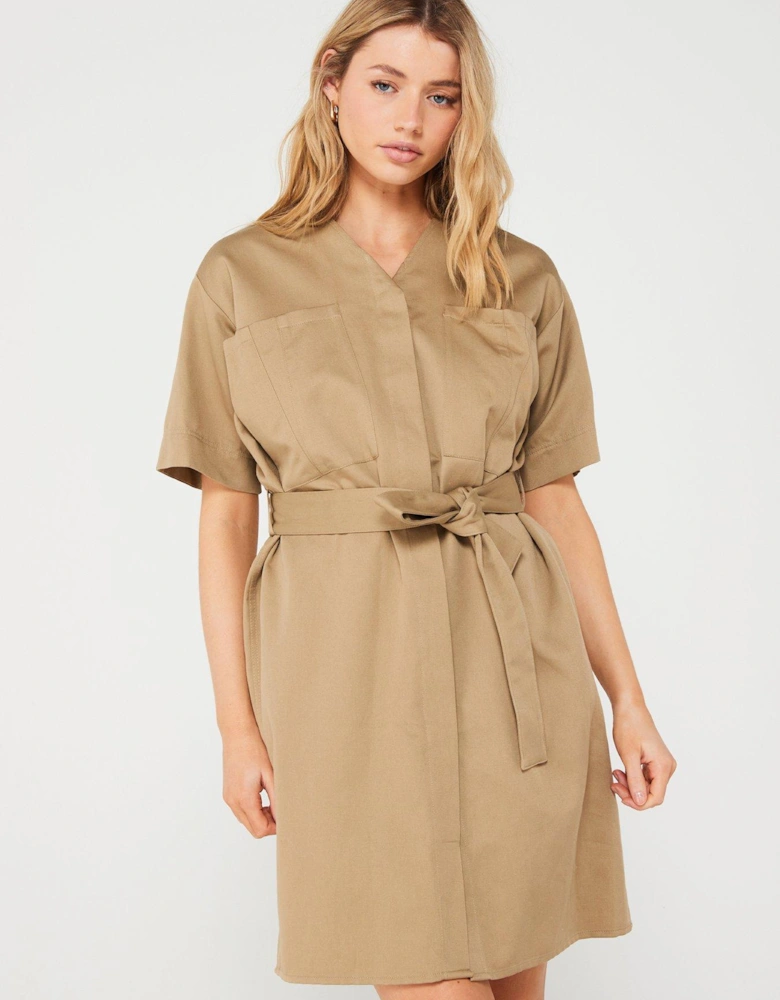 Cotton Linen Belted Shift Dress - Brown