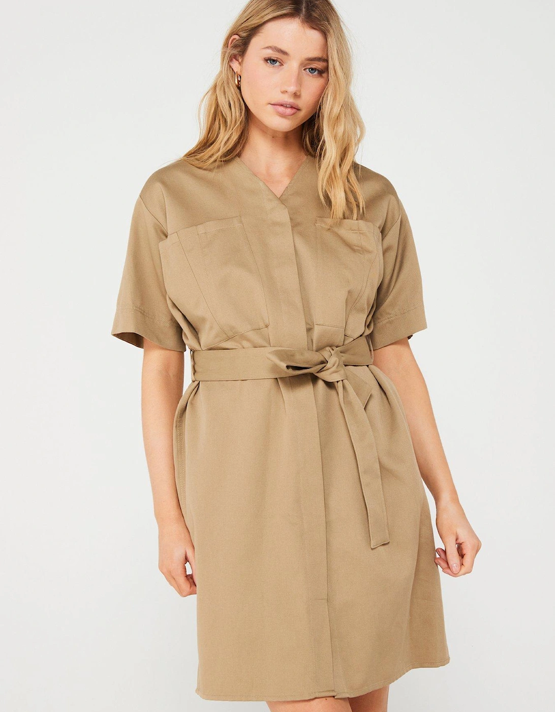 Cotton Linen Belted Shift Dress - Brown, 2 of 1