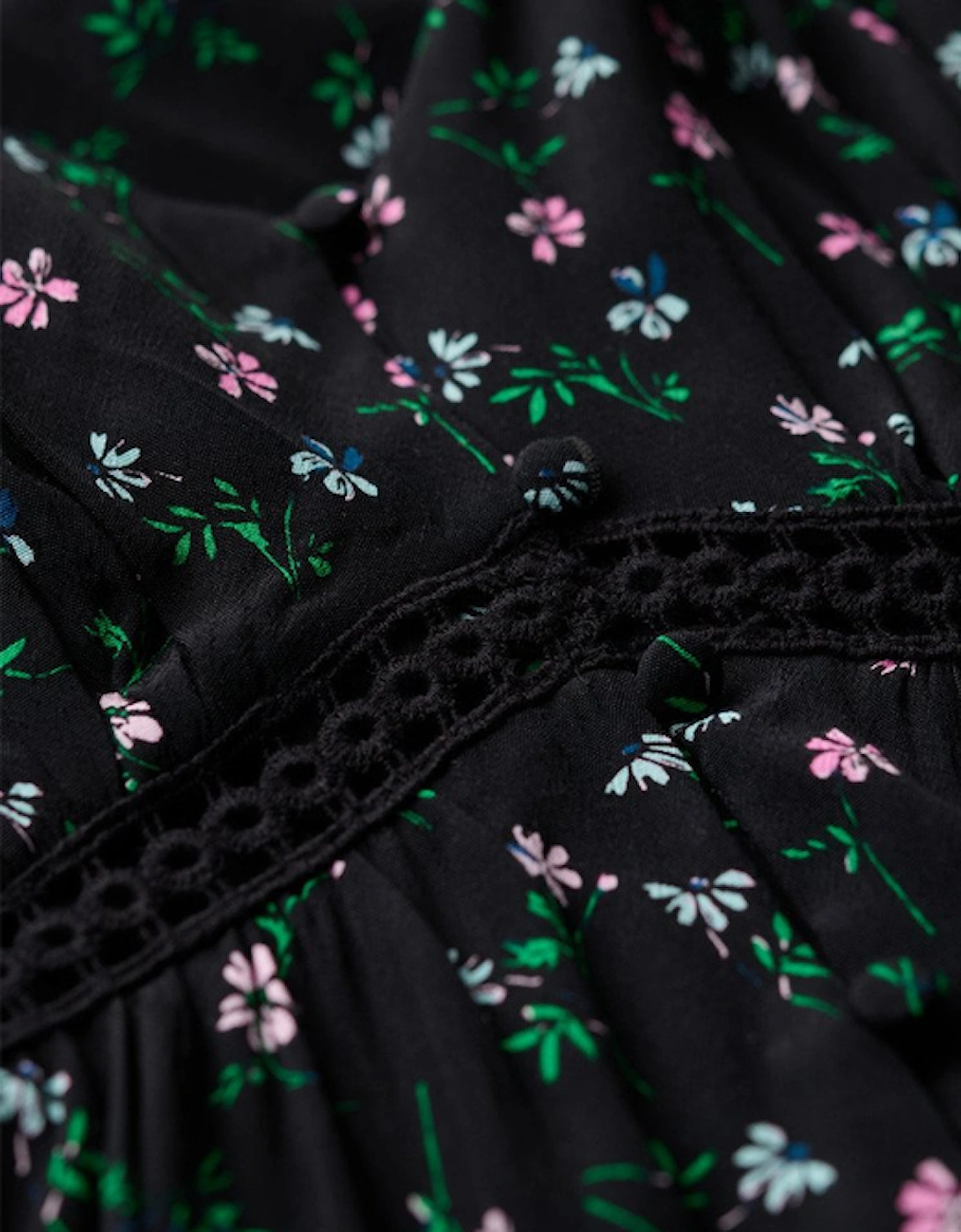 Women's Lace Trim V Neck Cami Dress Cosmos Black Floral Print