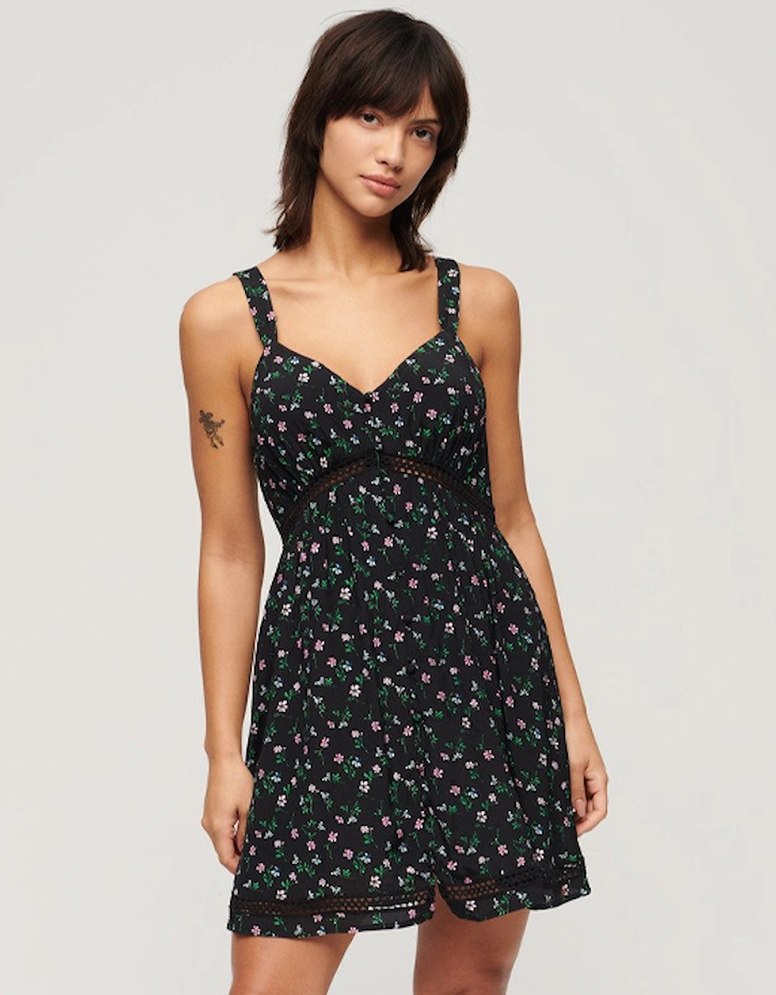 Women's Lace Trim V Neck Cami Dress Cosmos Black Floral Print, 7 of 6