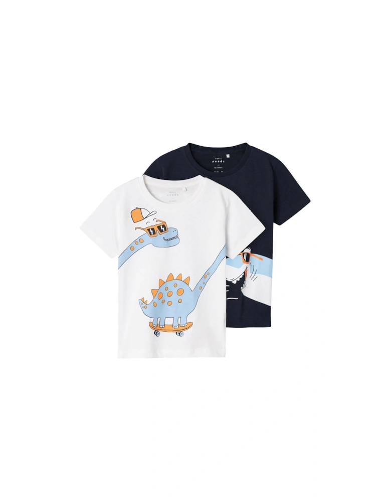 Mini Boys 2 Pack Dino & Shark Short Sleeve Tshirts - Bright White/Dark Sapphire