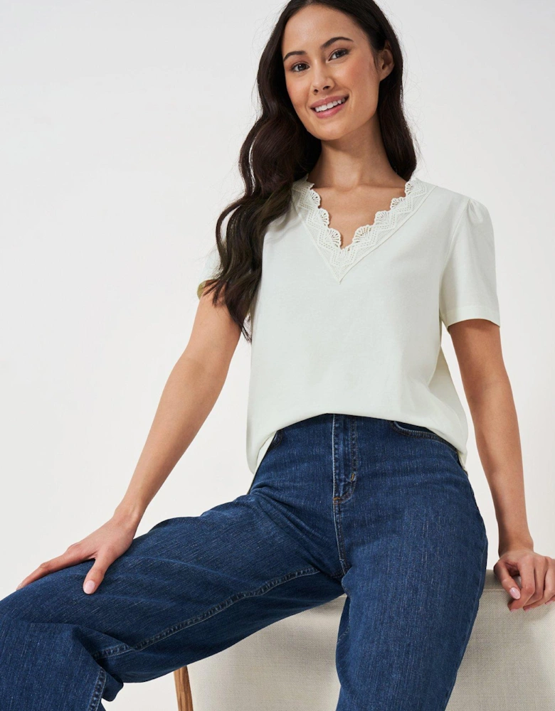 Lace Neck Short Sleeve T-shirt - White