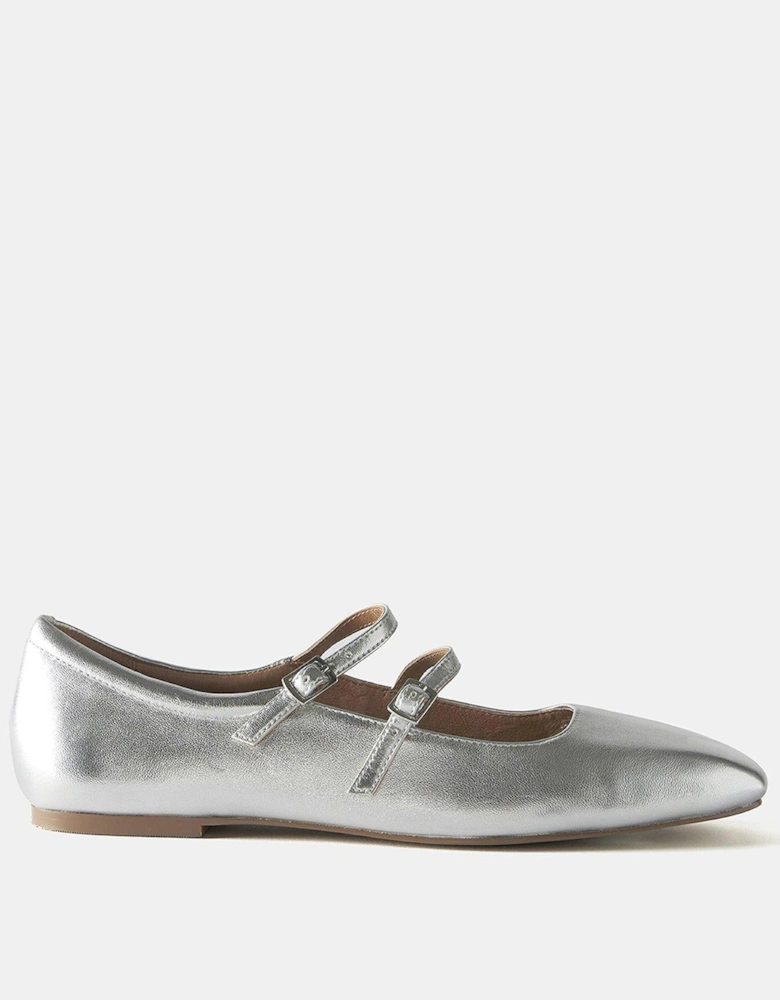 MJ Silver Leather Ballet Pumps