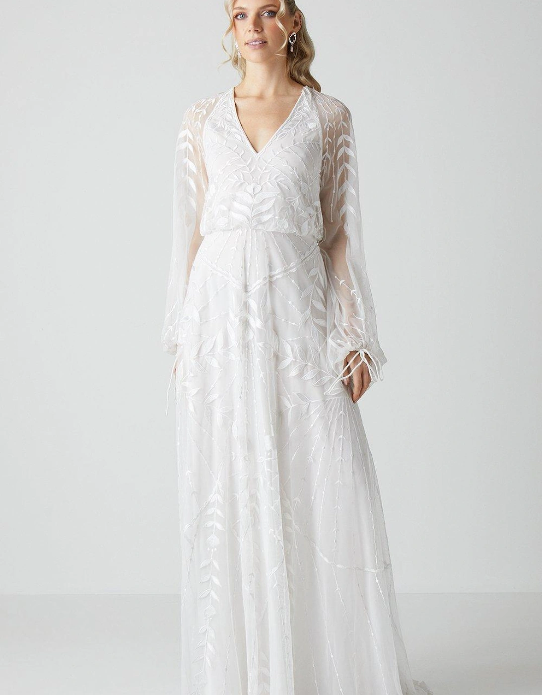 Boho Embroidered Blouson Sleeve Wedding Dress, 5 of 4