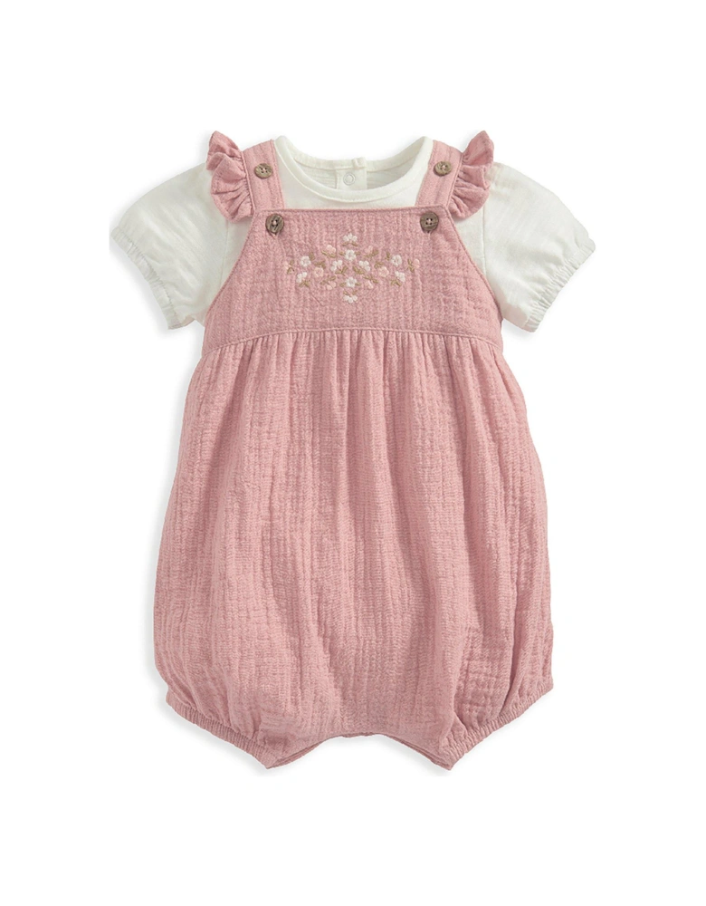 Baby Girls 2 Piece Embroidered Dungarees & Bodysuit Set - Pink