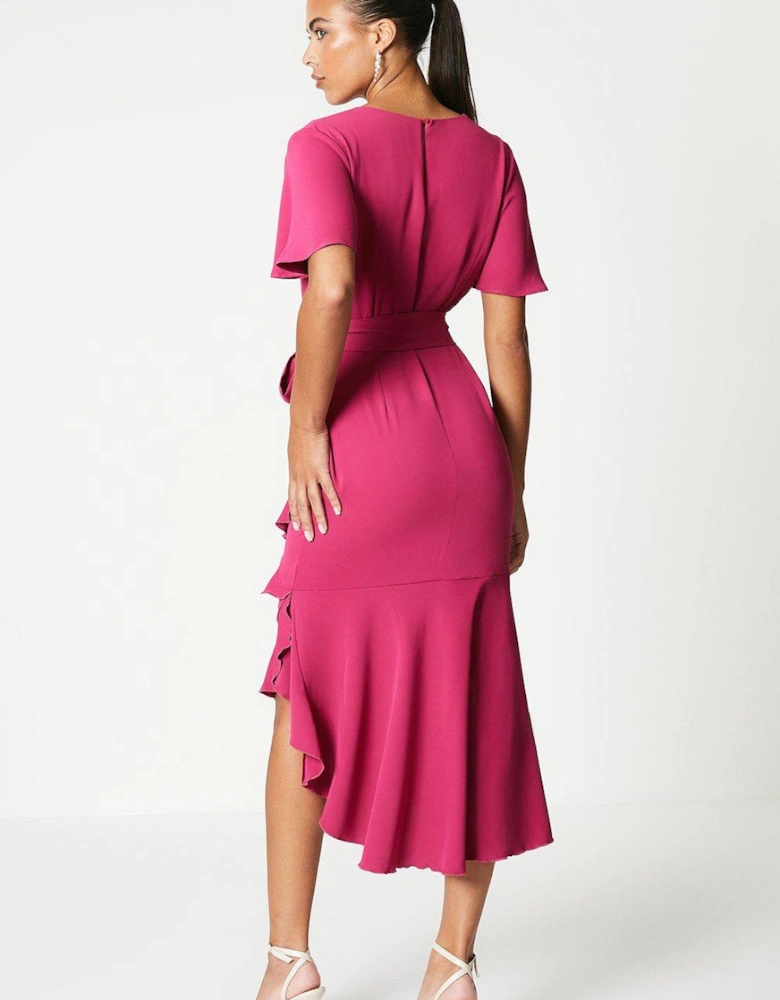 Ruffle Skirt Drape Neck Midi Dress