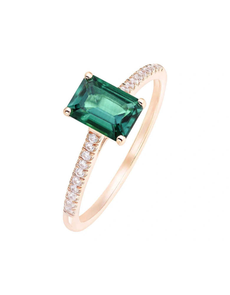 9ct Rose Gold Octagon Created Emerald and 0.09ct Diamond Ring