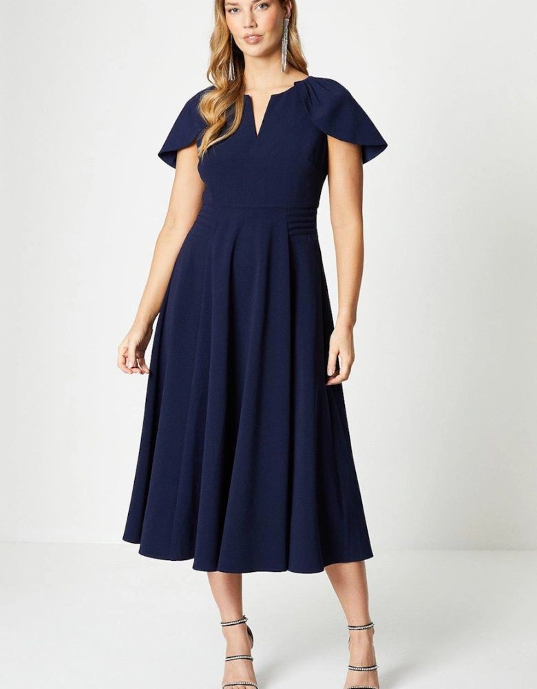 Crepe Cape Sleeve Notch Neck Midi Dress