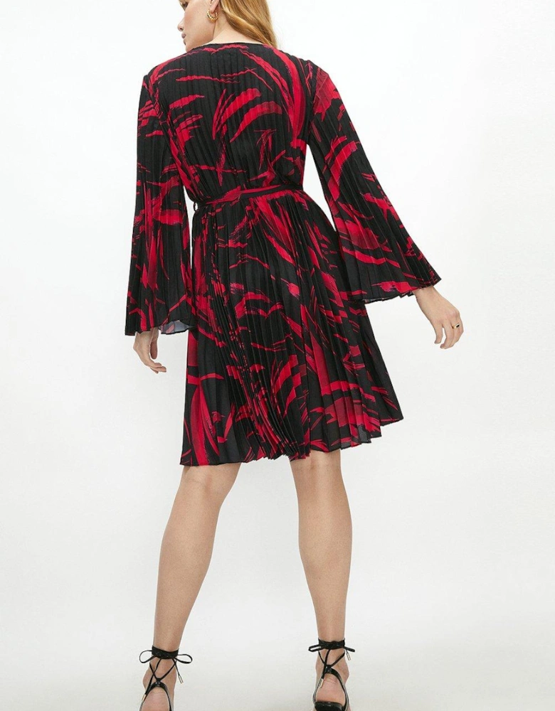 Printed Pleated Belted Dress