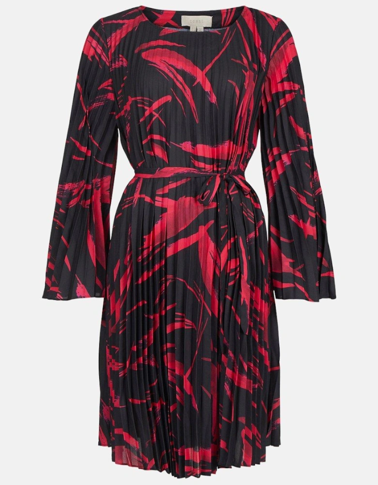 Printed Pleated Belted Dress