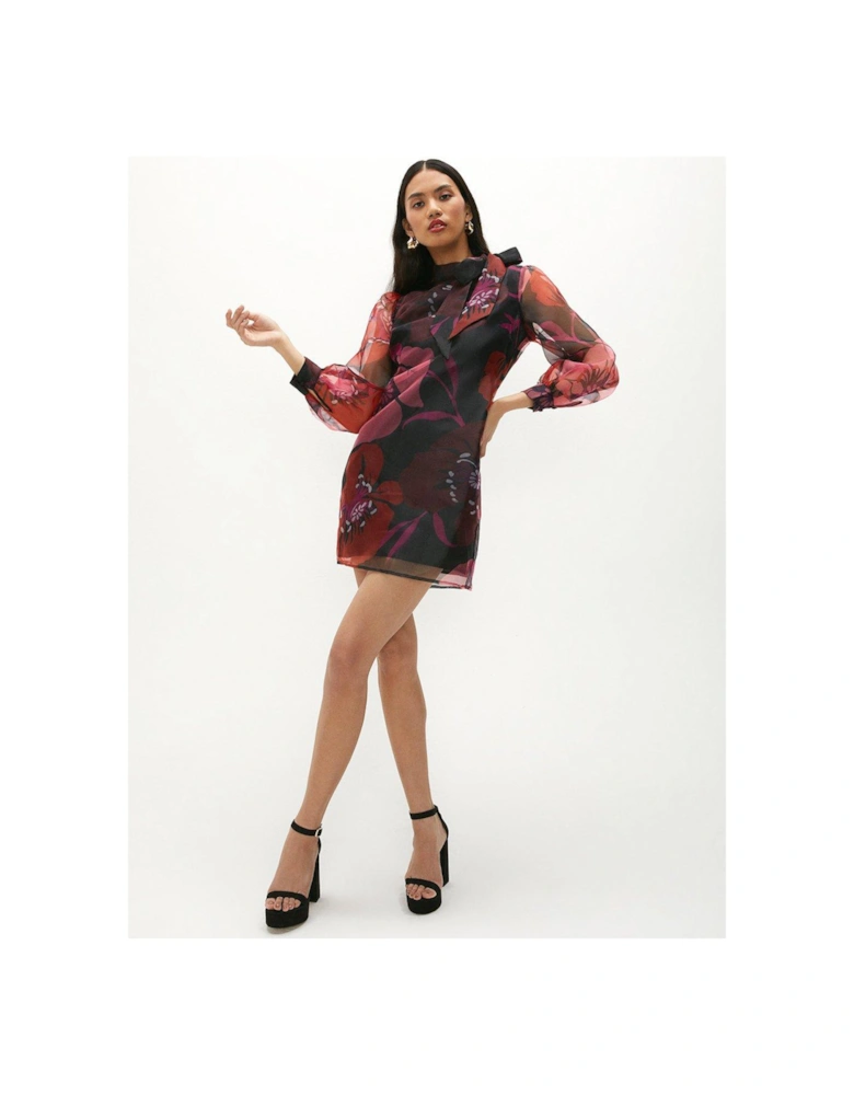 Pussy Bow Long Sleeve Floral Organza Dress