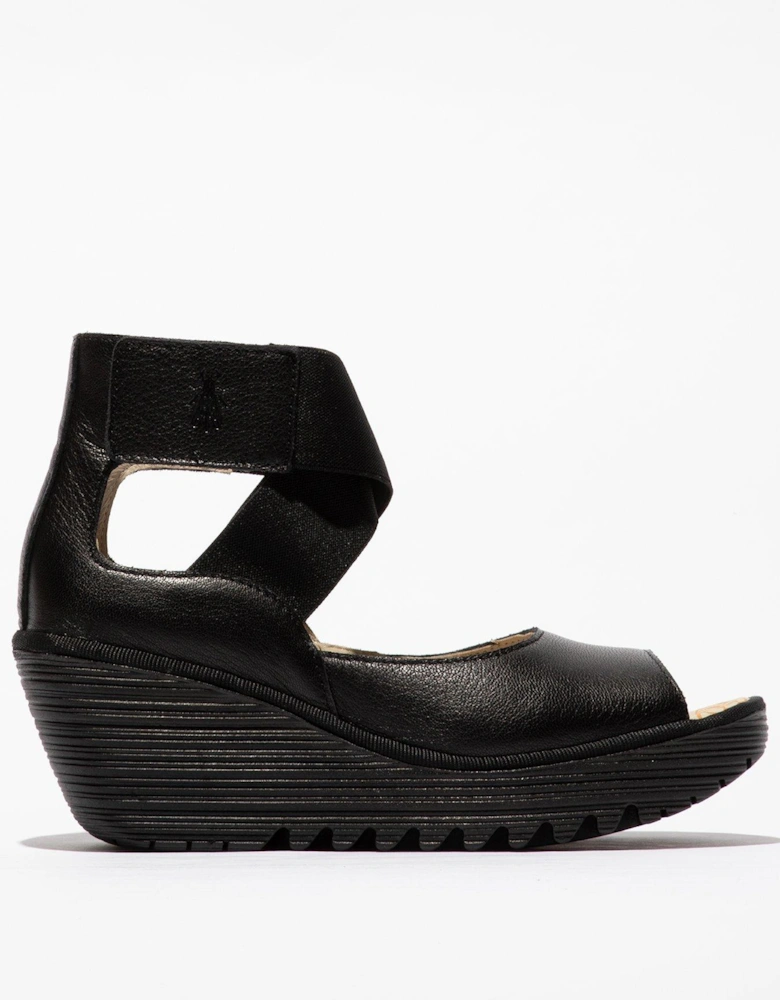 Yefi Peep Toe Wedged Ankle Strap Shoes - Black