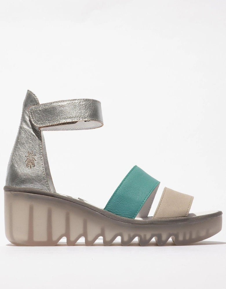 Bono Double Strap Leather Wedged Sandal - Silver & Turquoise