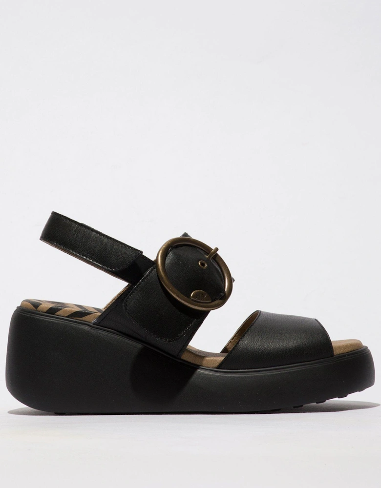 Digo Circle Buckle Leather Wedged Sandal - Black