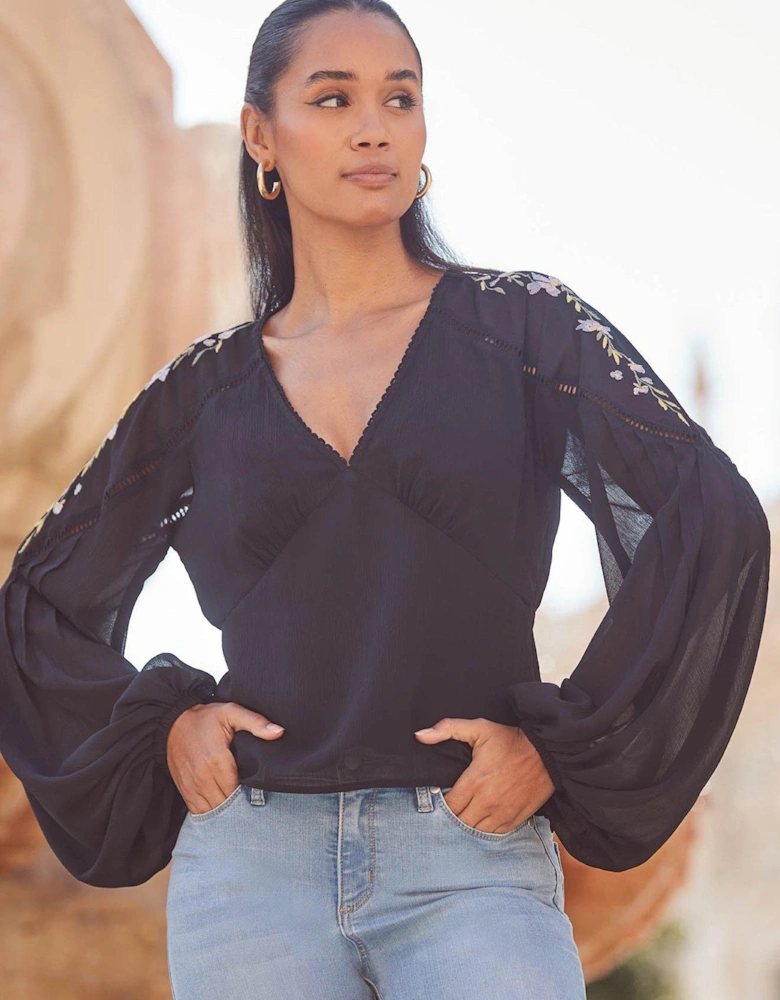 Embroidered Sheer Blouse - Black