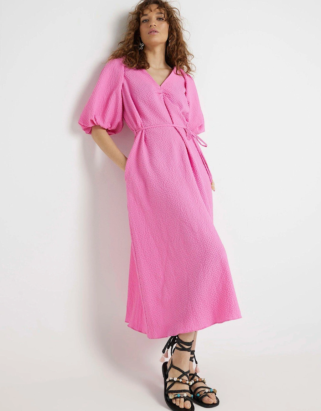 Puff Sleeve Belted Dress - Medium Pink, 6 of 5