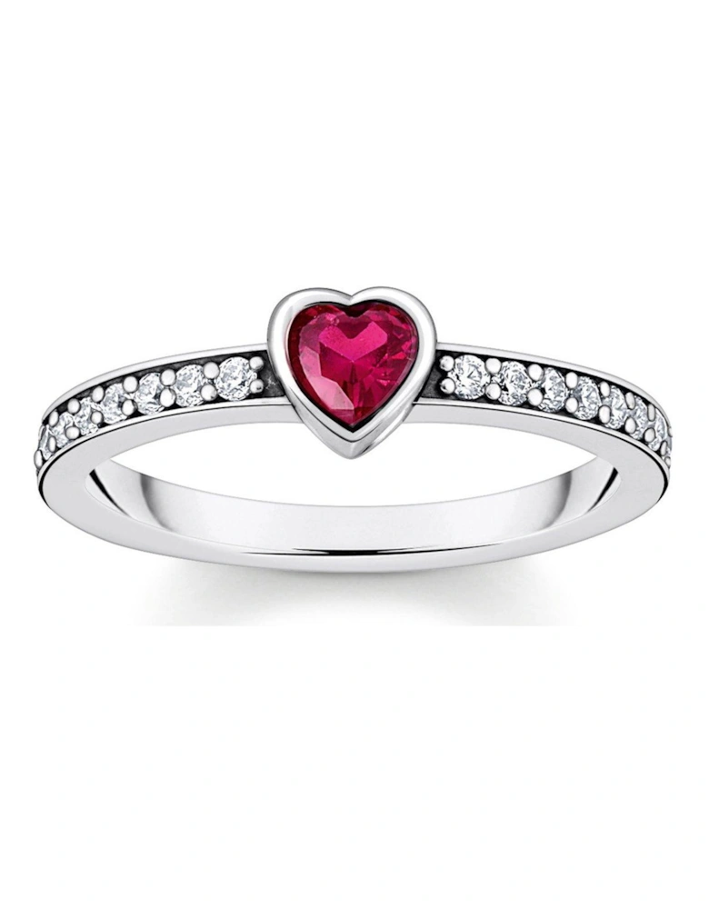 Solitaire Heart Ring: Sparkling romance with red heart-cut stone, white zirconia band, FOLLOW YOUR HEART engraving