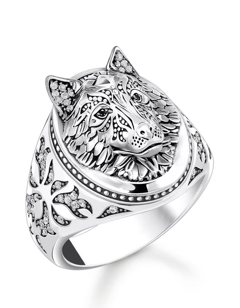 Rebel Wolf Signet Ring: Statement of strength and courage. Detailed 3D wolf face, hand-set stones in silver fur, lateral fur pattern