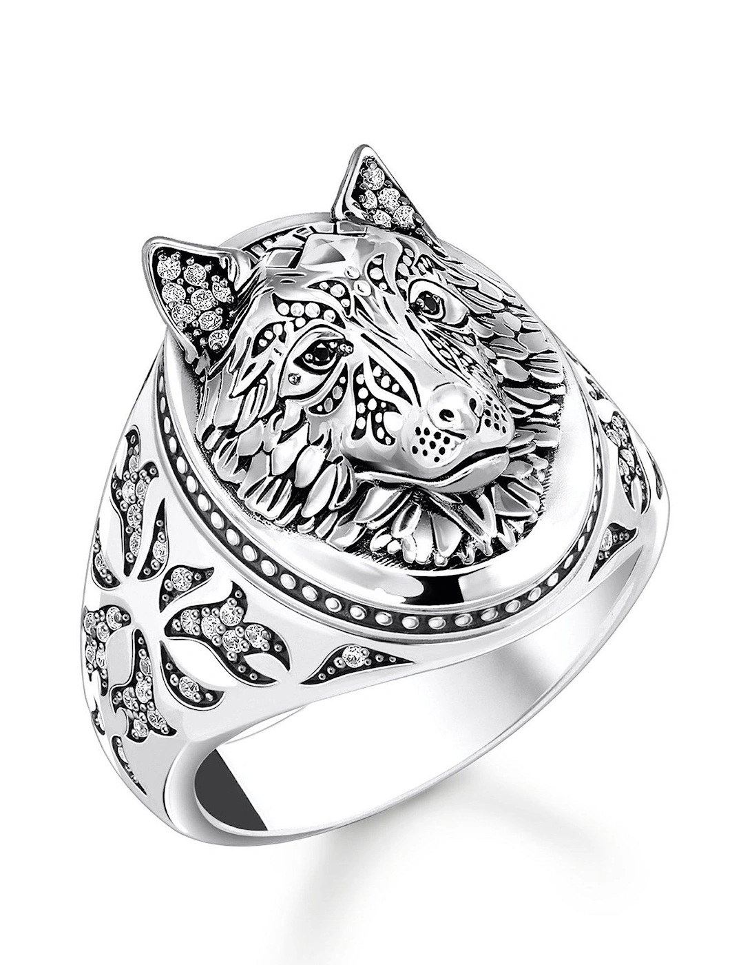 Rebel Wolf Signet Ring: Statement of strength and courage. Detailed 3D wolf face, hand-set stones in silver fur, lateral fur pattern, 2 of 1
