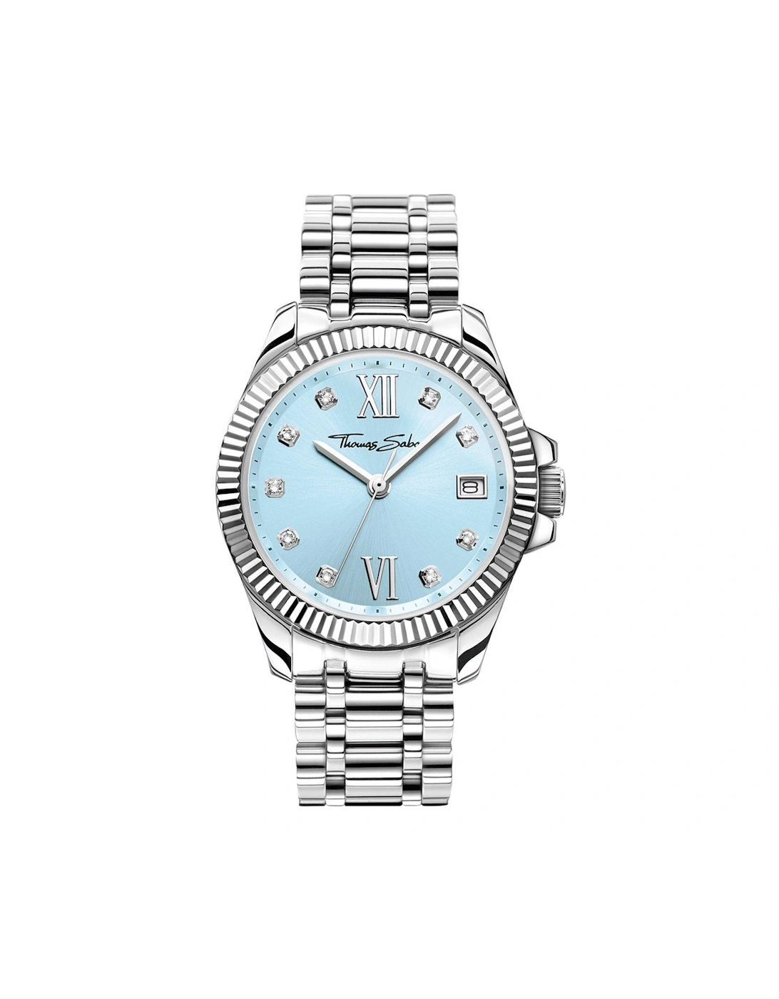 Women's Watch: Elegant light blue dial, white zirconia indexes, Roman numerals, fluted bezel, TS logo crown. Adjustable, 2 of 1
