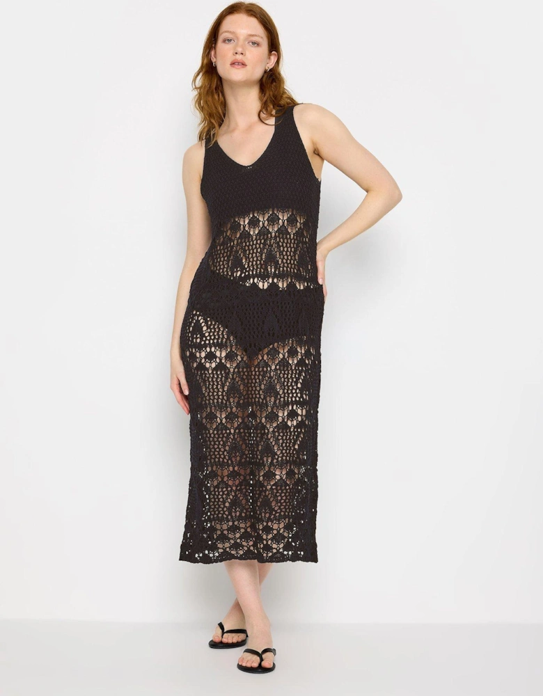 Tall Black Sleeveless Crochet Dress