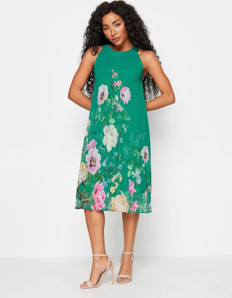 Petite Green Floral Pleated Midi Dress