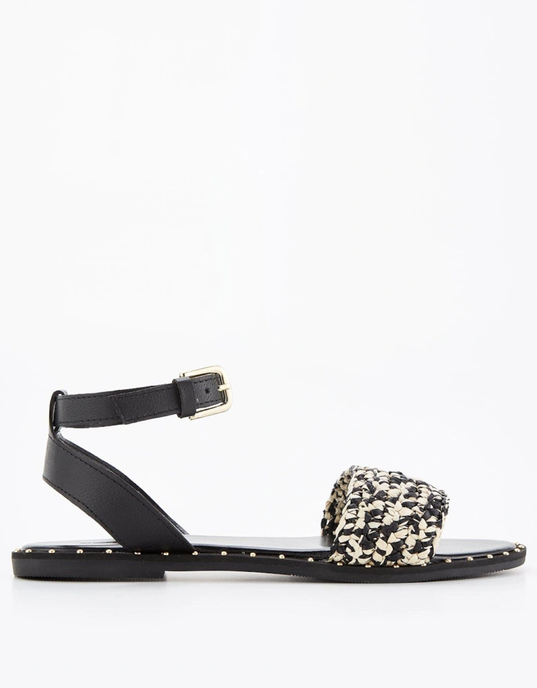 Wide Fit Leather Weave Strap Sandal with Studs - Back/White