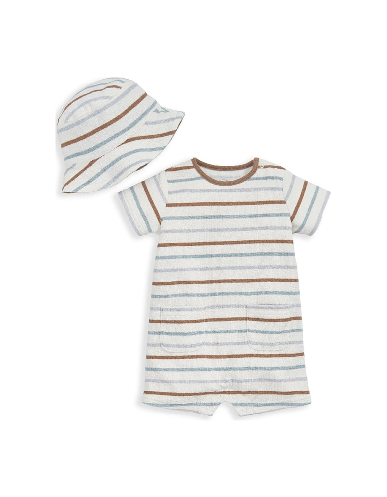 Baby Boys 2 Piece Stripe Towelling Romper & Hat Set - Multi
