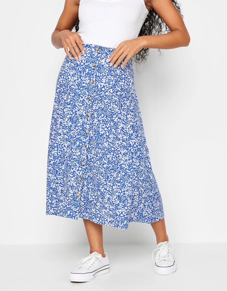 Petite Blue White Markings Print Linen Skirt