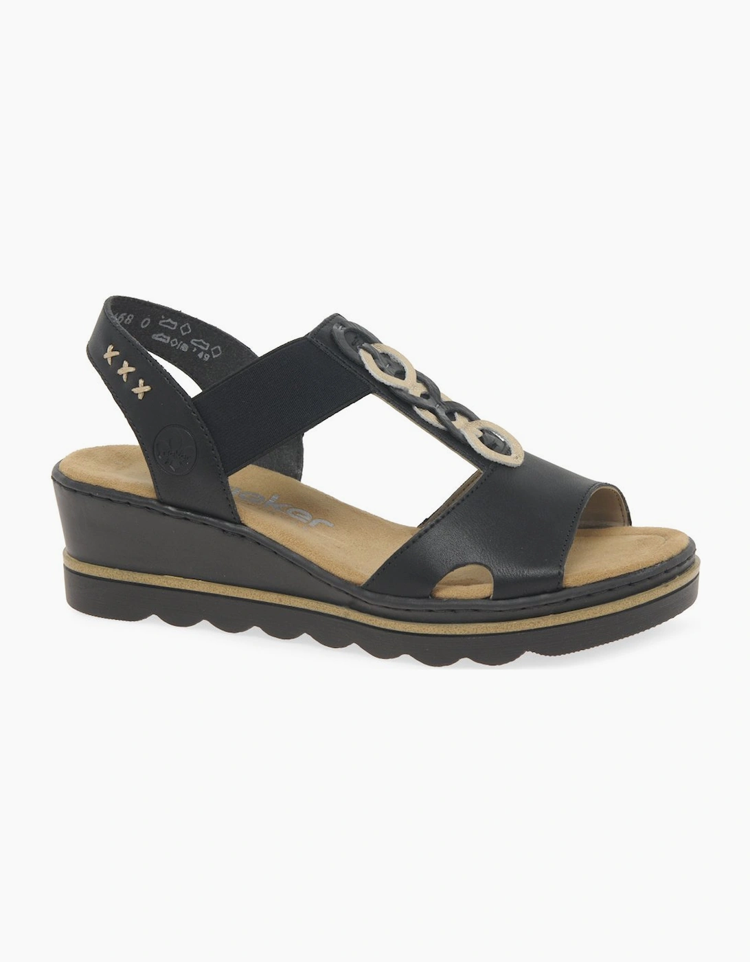 Rieker Women's Black Lt Gold Medal Wedge Heel Sandals - Size: 7.5