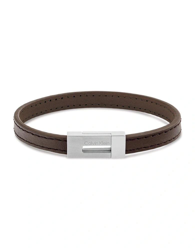 Men's stainless steel and brown leather bracelet