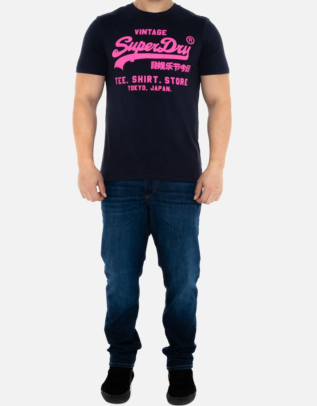 Mens Neon Vintage Logo T-Shirt (Navy)