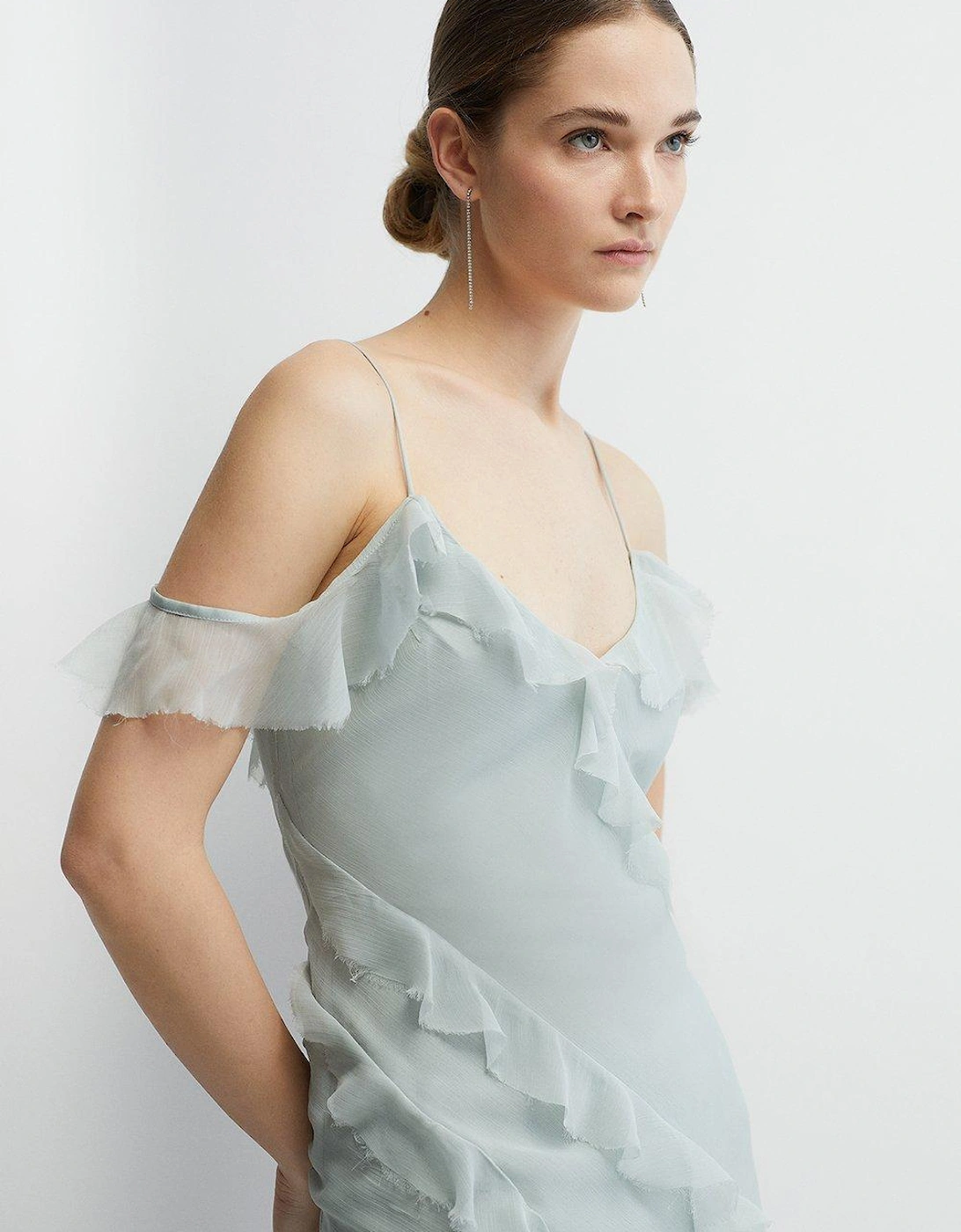 Soft Ruffle Chiffon Cold Shoulder Bridesmaids Dress