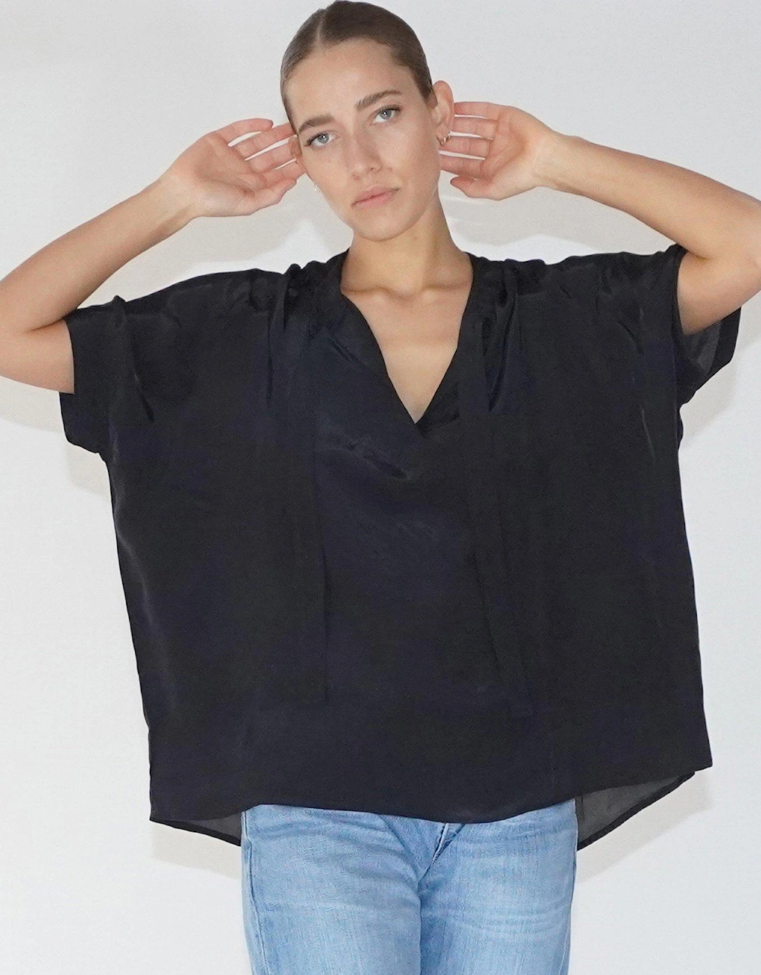 Oversized Blouse In With Neck Tie - Black, 2 of 1