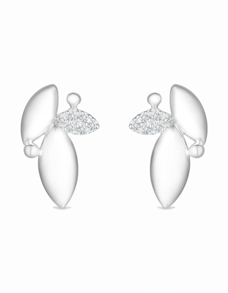 Sterling Silver 925 Polished And Cubic Zirconia Leaf Stud Earrings
