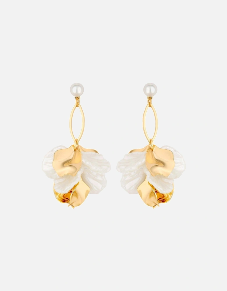 Gold White Pearl And Polished Flower Charm Drop Earrings