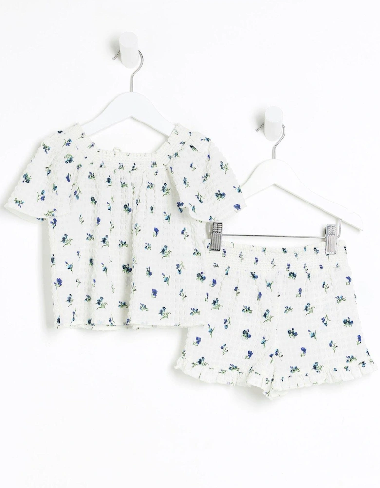 Mini Mini Girls Floral Blouse and Shorts Set - White