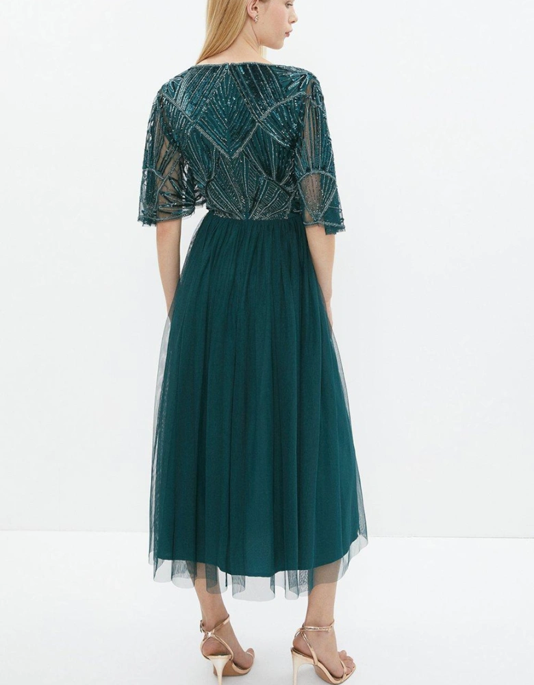 Embellished Bodice Angel Sleeve Midi Dress