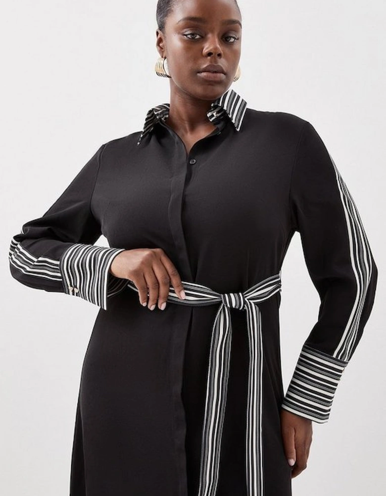 Plus Size Stripe Twill Belted Woven Midi Shirt Dress