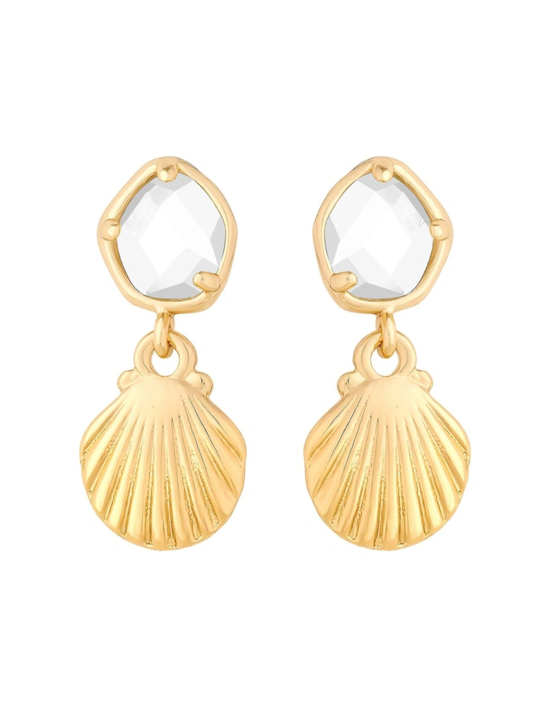 Gold Plated Shell And Crystal Drop Earrings