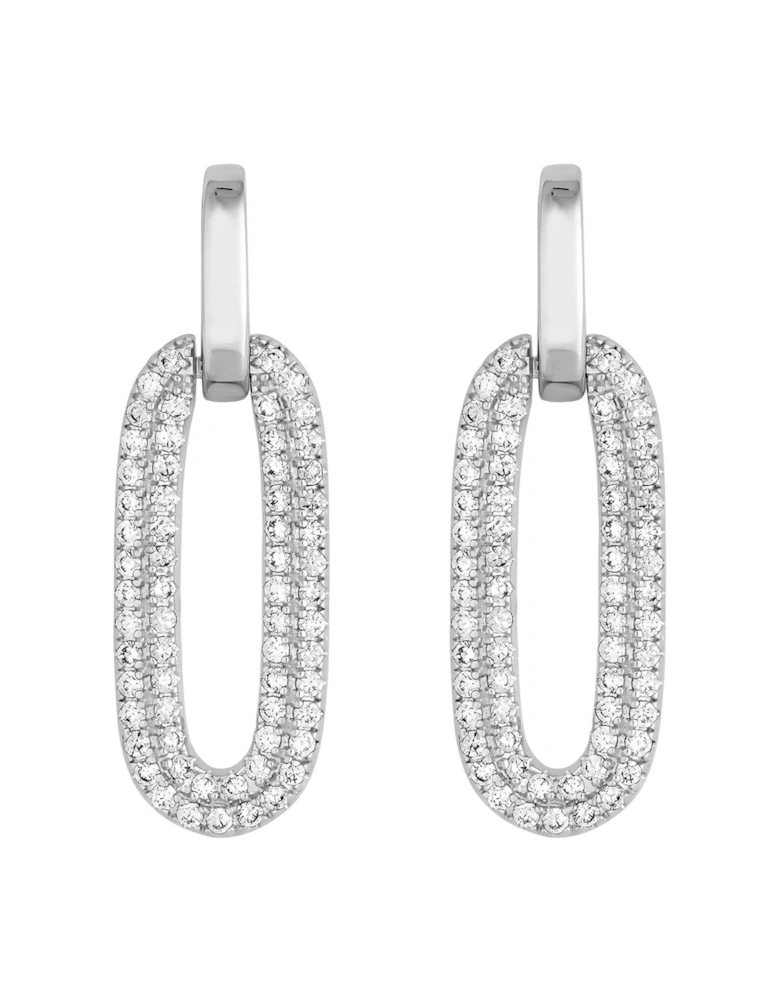 Rhodium Plated Polished And Pave Link Drop Earrings