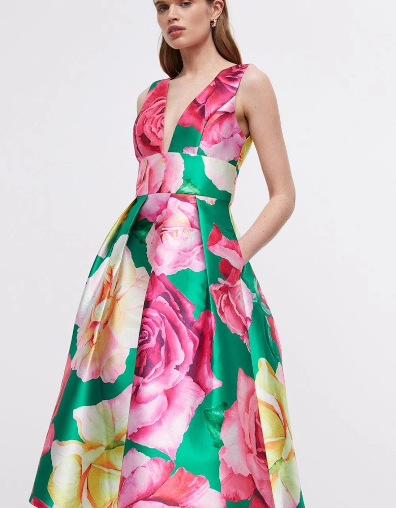 Plunge Neck Midi Dress In Printed Twill