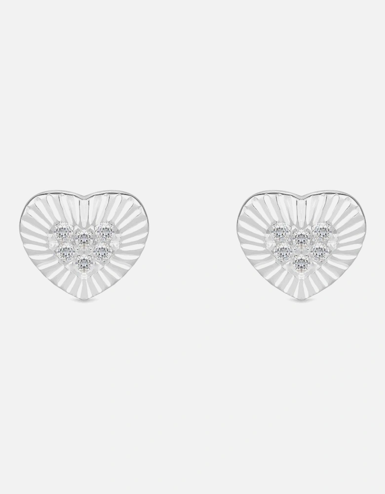 Sterling Silver 925 Polished And Pave Mini Heart Stud Earrings