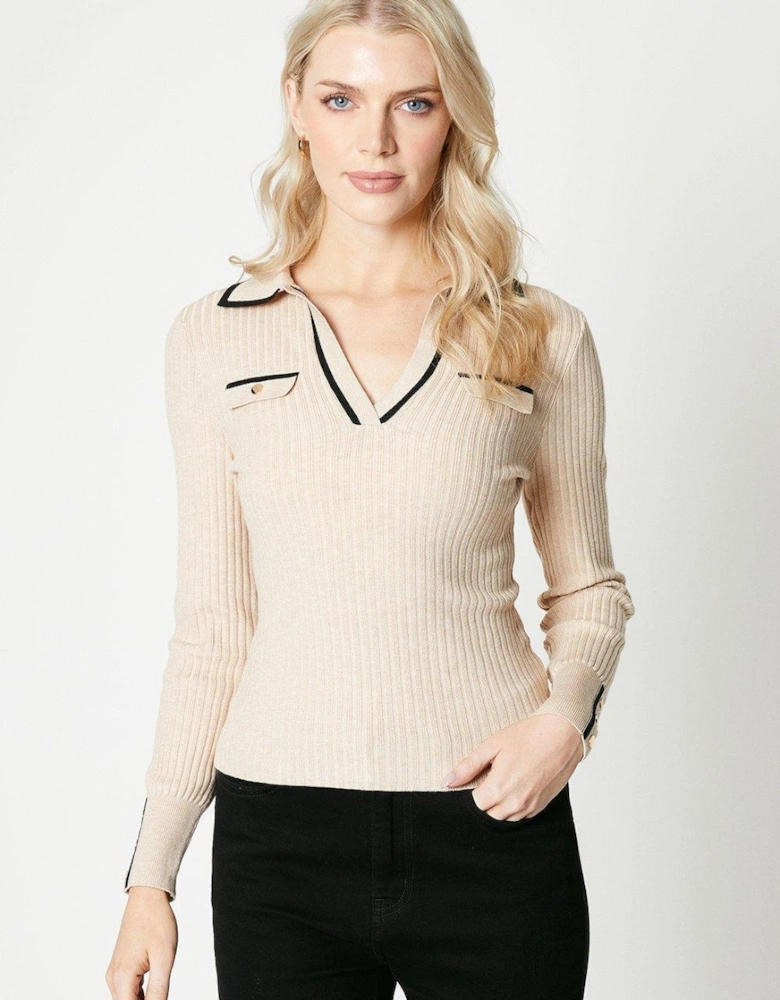 Womens/Ladies Tipped Ribbed V Neck Jumper