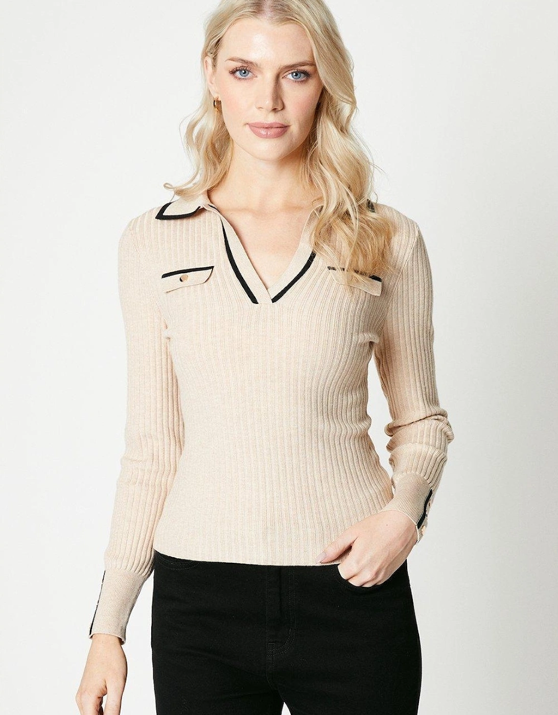 Womens/Ladies Tipped Ribbed V Neck Jumper, 2 of 1