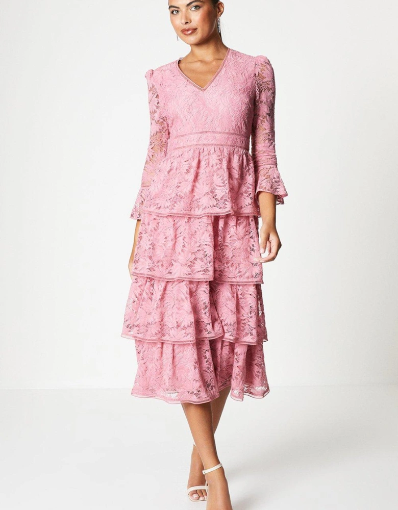 Layered Lace Dress With Ruffle Sleeve