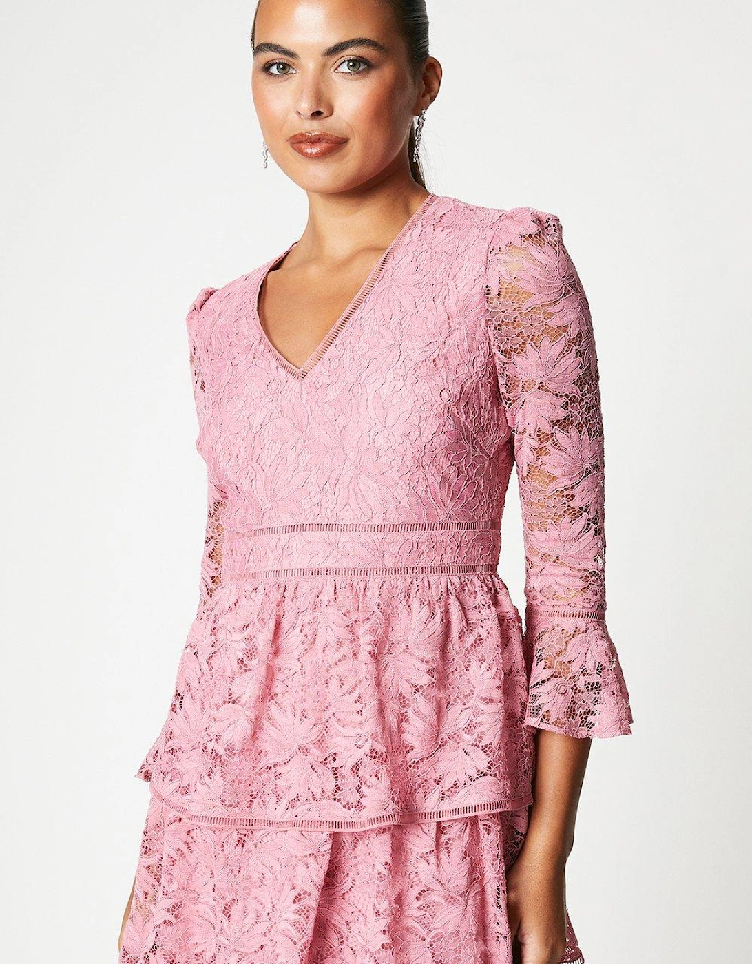 Layered Lace Dress With Ruffle Sleeve
